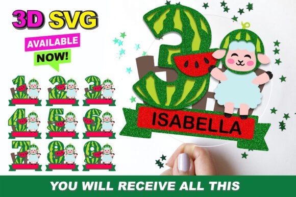 Baby Sheep Watermelon Numbers Topper: A 3D SVG for Birthday-Themed Content