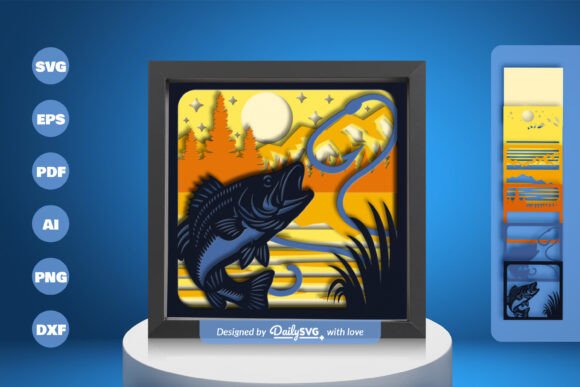 Bass Fish Fishing Layered Papercut: A 3D SVG for Shadow Box Designs That Delivers