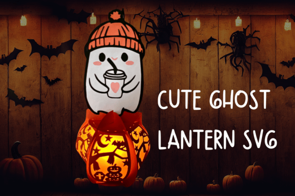 Cute Coffee Drinking Ghost Lantern 3D SVG for Halloween Crafts