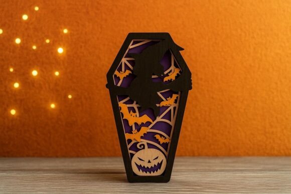 Flying Witch Coffin Layered SVG File for Laser Cutting in Autumn Halloween Design