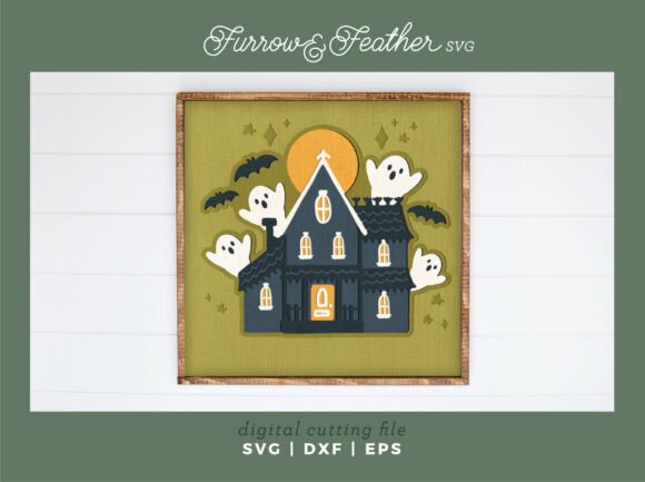 Haunted House with Ghosts Shadow Box 3D SVG for Halloween Content