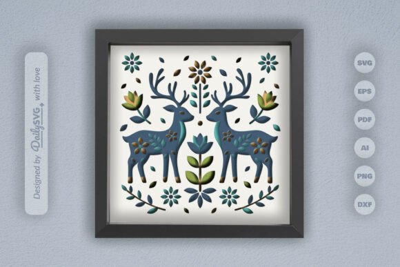 Reindeer Folk Art Layered Papercut 3D SVG for Winter Content Design