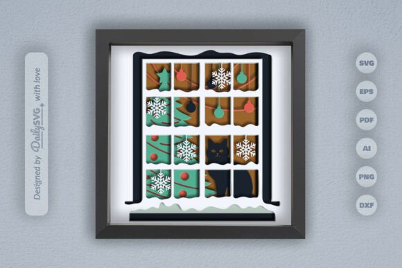 Snowie Christmas Night with Cat Layered 3D SVG for Festive Branding